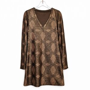 Elie Tahari Deep Brown Bronze Geometric Metallic Shimmer Elegant Sheath Dress